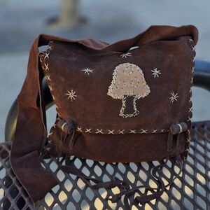 Handcrafted Brown Suede Bag with Mushroom Design